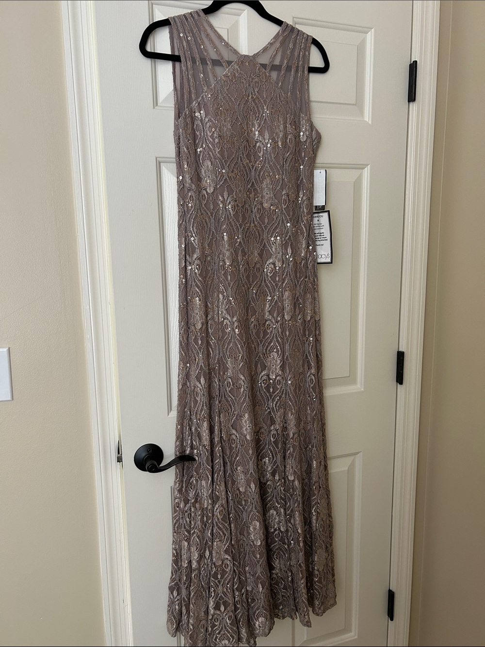 R&M Richard’s NYC Champagne Sequin Lace Maxi Dress in Brown & Gold New With Tags